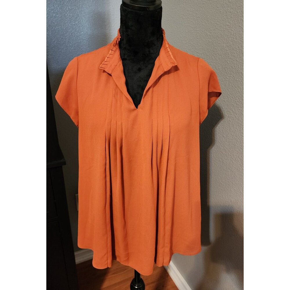 Calvin Klein Blouse Womens Petite Medium PM Pleated V-Neck Pullover
